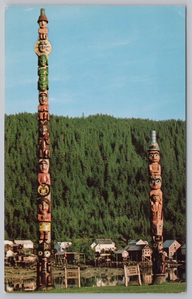 Native Americana Indian~Wrangell Alaska~Sun & Sea Lion Prince Totems~1950s Pc