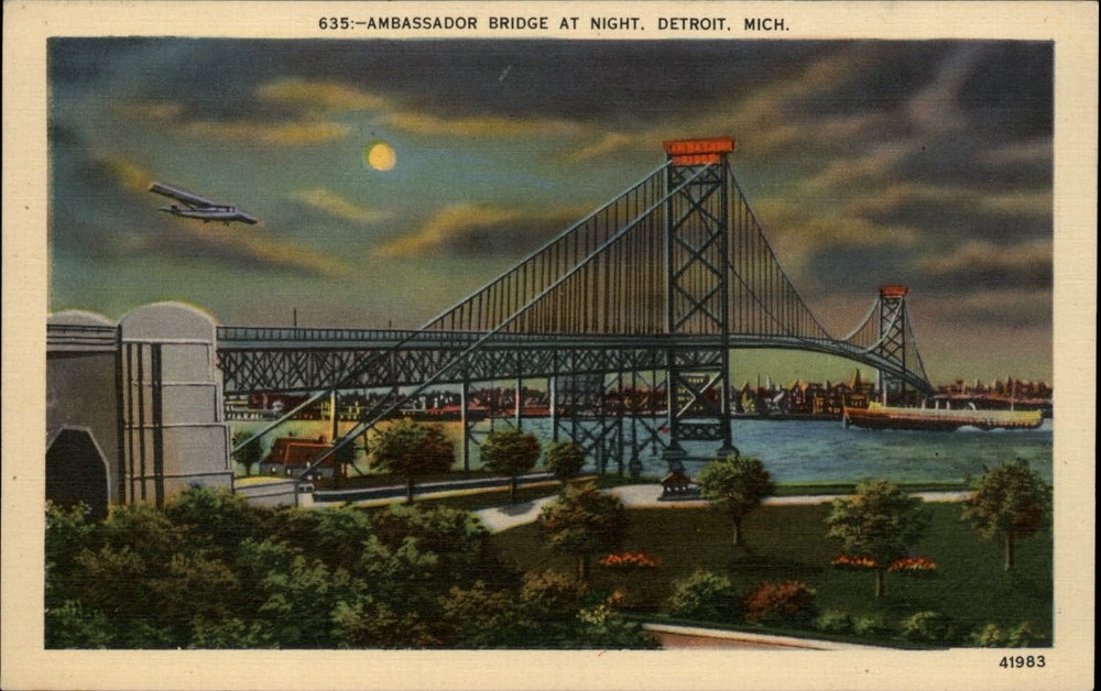Detroit Michigan Ambassador Bridge night full moon airplane vintage postcard