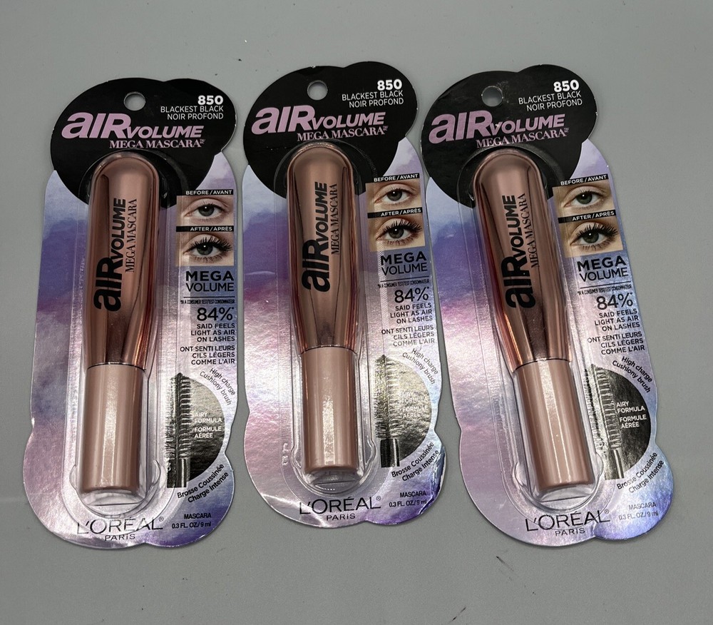 (3) L'OREAL Paris Blackest Black #850 AIR VOLUME Mega Mascara .3 fl.oz