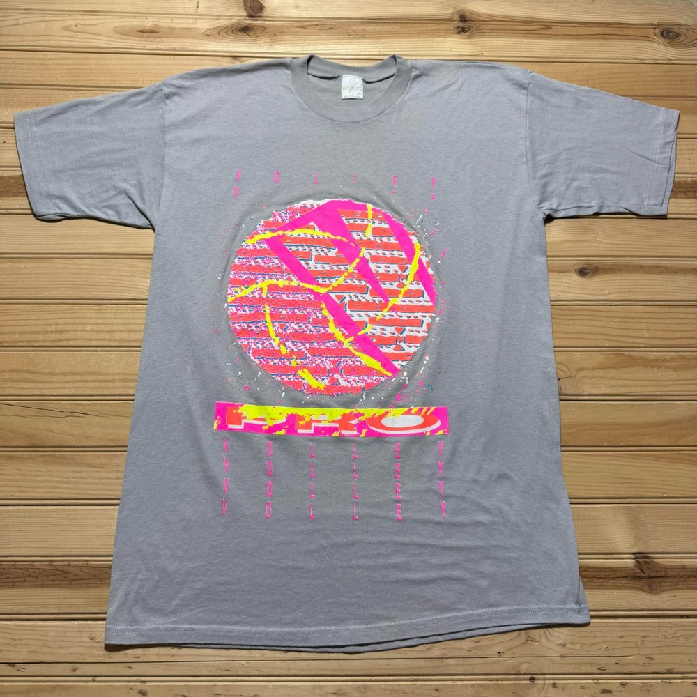 Vintage 90s Pro Volleyball Abstract Graphic Neon Art Single Stitch Shirt Size XL-image