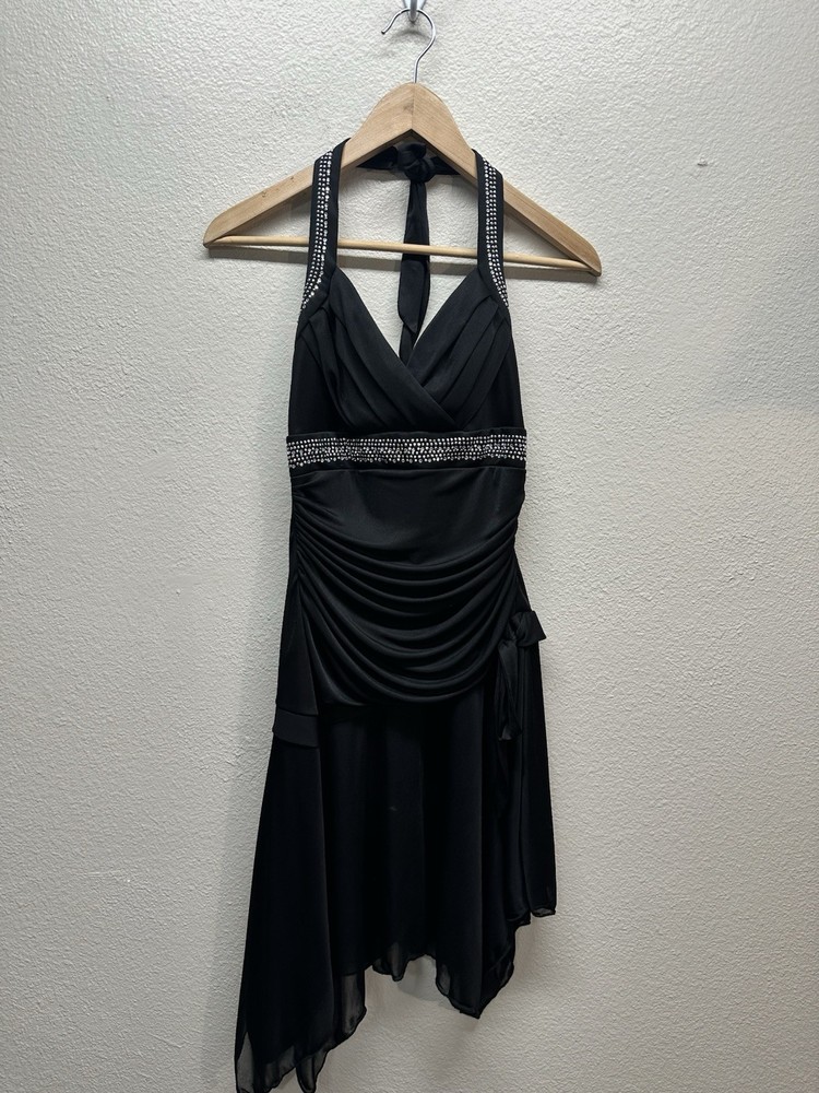 Vintage Trixxi Black Halter Top Cocktail Dress Rhinestones Y2K Party Midi Size M