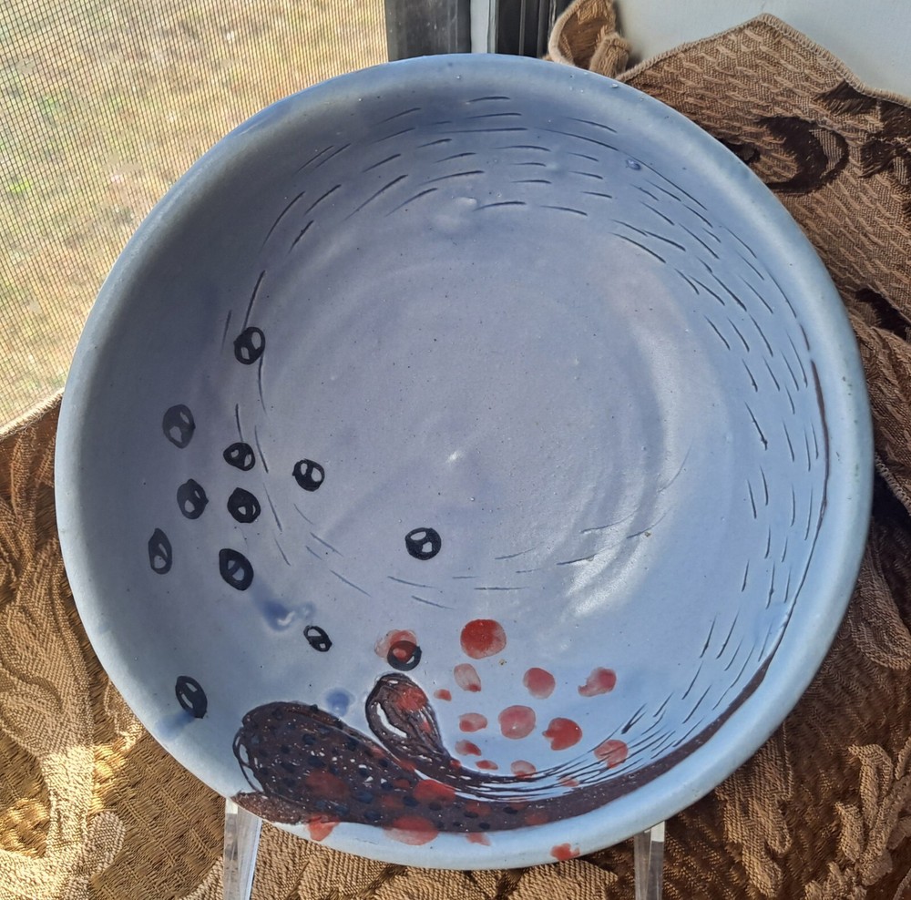 Abstract Art Pottery Bowl Made In Africa Cornflower Blue w/Red & Black Accents👁-image