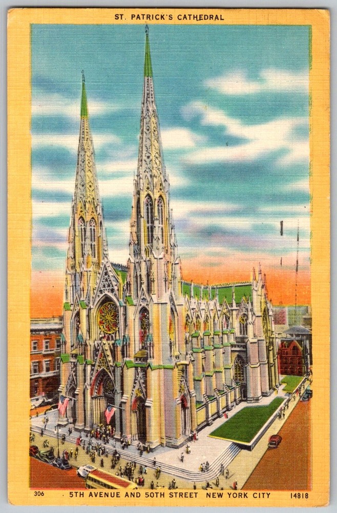Vtg Linen Postcard St Patrick's Cathedral Facade New York, NY 1950s