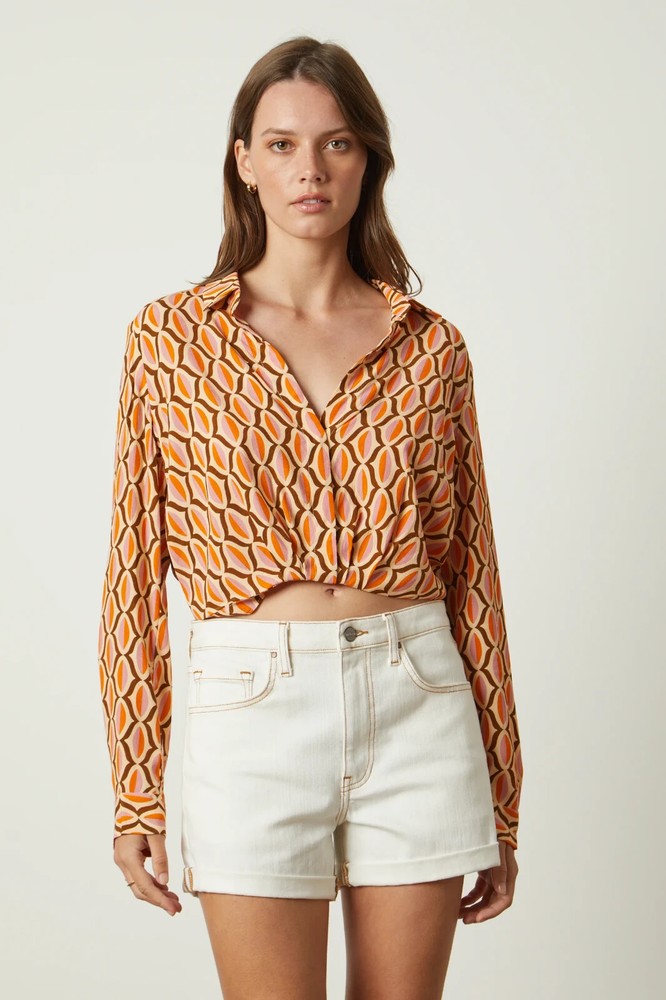 VELVET By Graham & Spencer Jocelyn Geo Print Crepe Top Orange M $189 F3 84