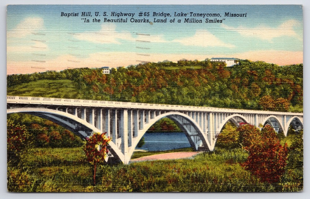 Bridge~Lake Taneycomo MO~Baptist Hill~US Hwy #65 Bridge~Vintage Linen Postcard