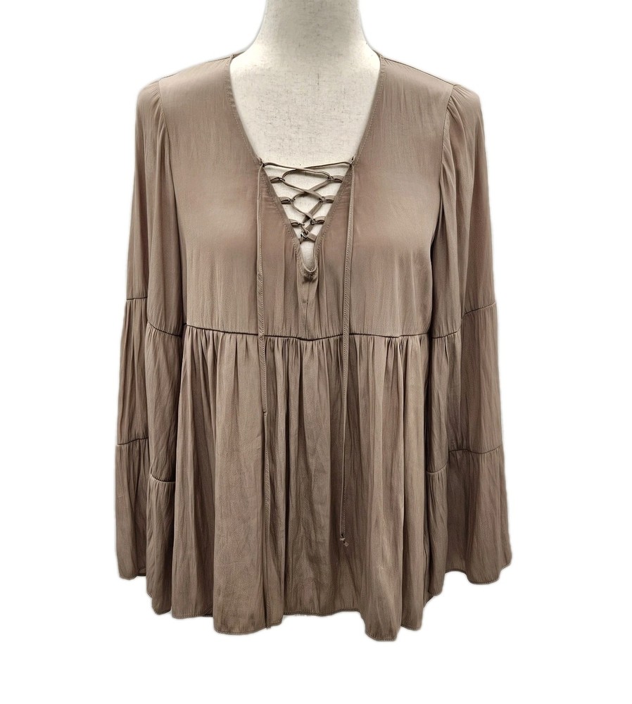 Lola & Sophie Boho Lace Up Vneck Peasant Top Blouse Size Small Beige Tan