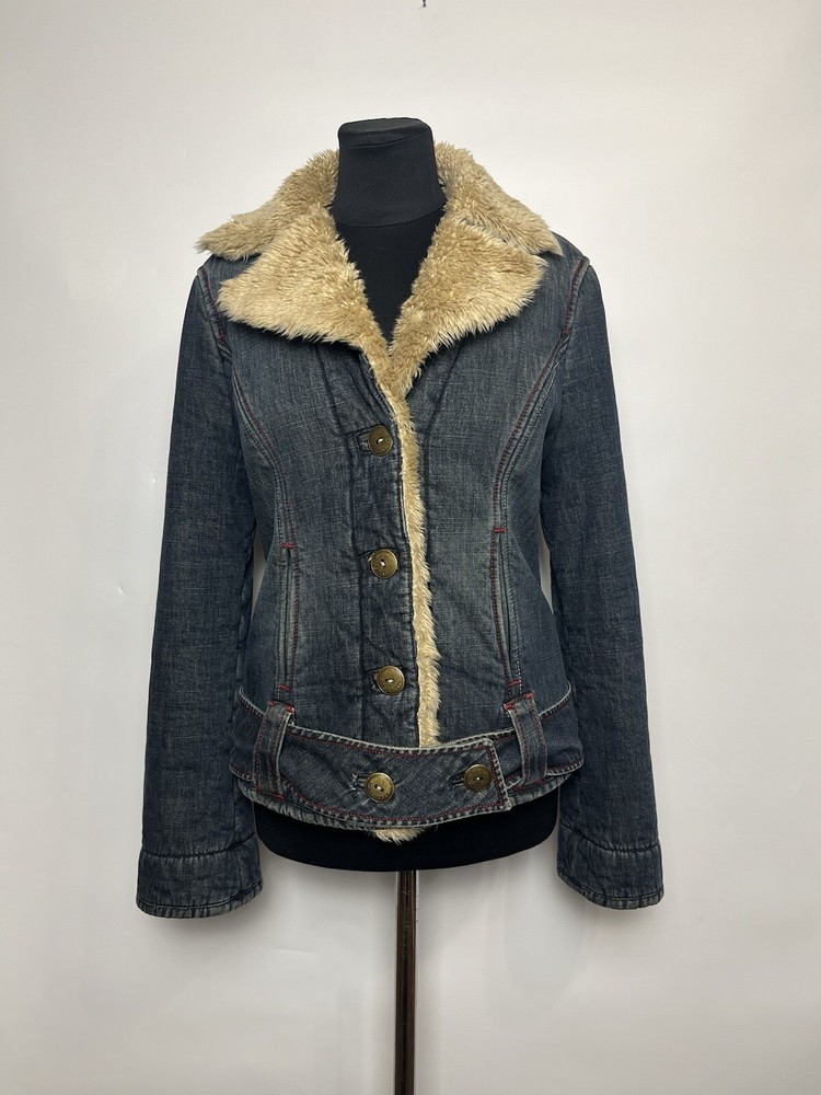 Y2K Miss Sixty Denim Jacket Size S Belted Faux Fur Lined Crop Made In Italy