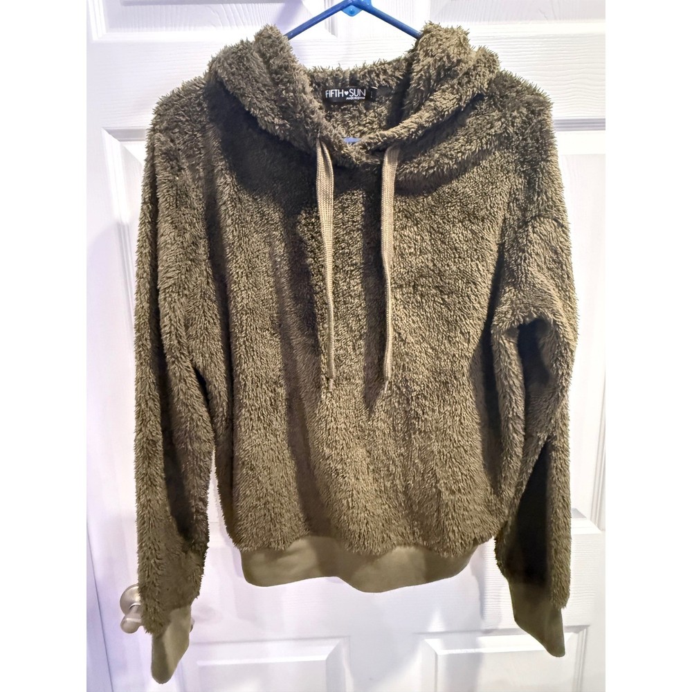 Fifth Sun Olive Green Sherpa Fuzzy Hoodie Pullover Womens Large