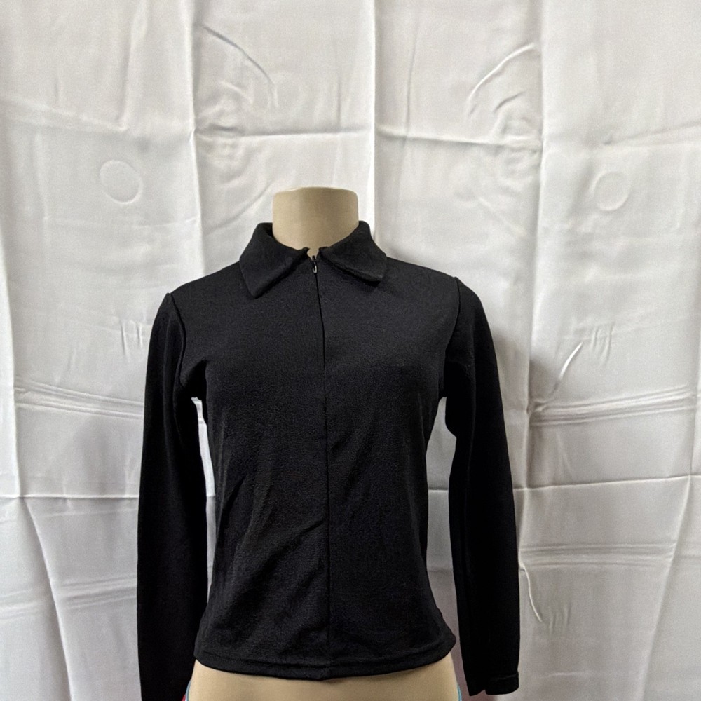 Cheryl Creations Black Nylon Lycra Blouse, Zip-Front Collared Long Sleeve S