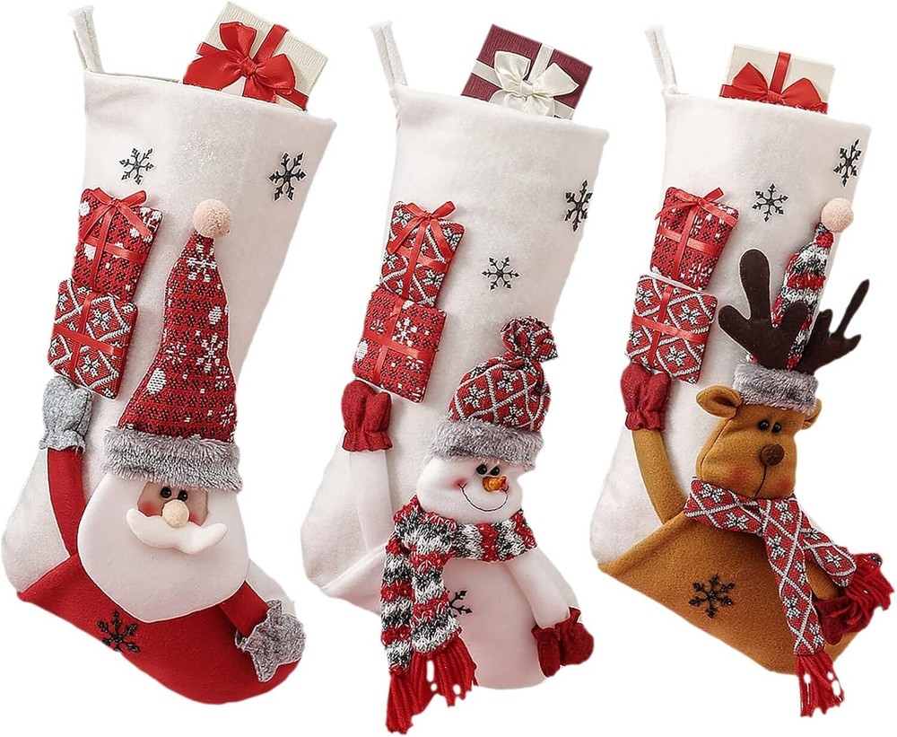 Santa Snowman Reindeer Christmas Stockings Plush Velvet Faux Fur 3D Character