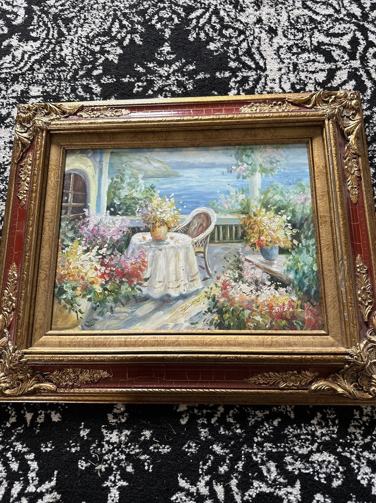 VTG Beautiful Original Oil Hand Painted on Canvas Garden Terrace Signed Framed