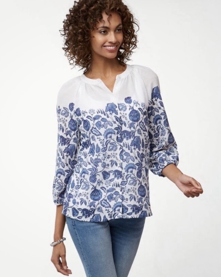Tommy Bahama Women's Floral Tunic Blouse White Blue Long Sleeve Band Collar M