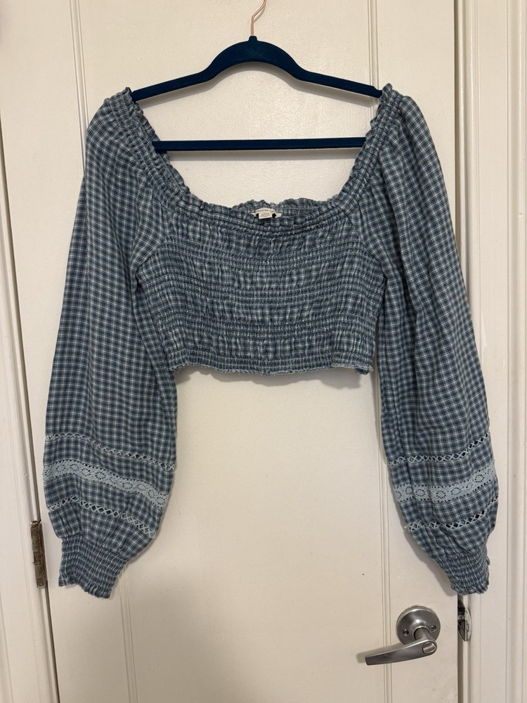 American Eagle S Blue Gingham Crop top Cottage core Boho Smocked Puff Sleeve
