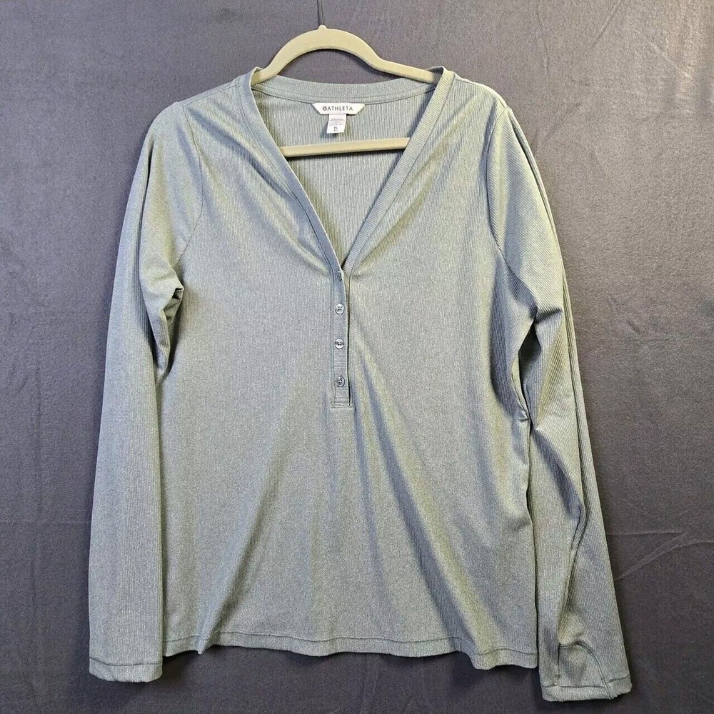 Athleta Womens XL Uptempo Ribbed Long Sleeve Henley Top Teal Green