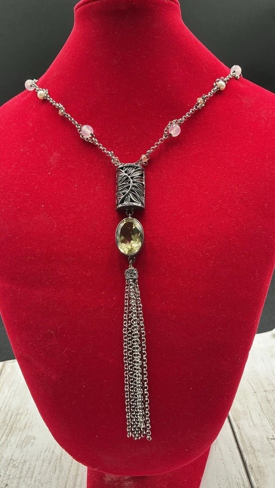 Sara Blaine 925 Sterling Silver Green Amethyst Tassel Necklace 15”