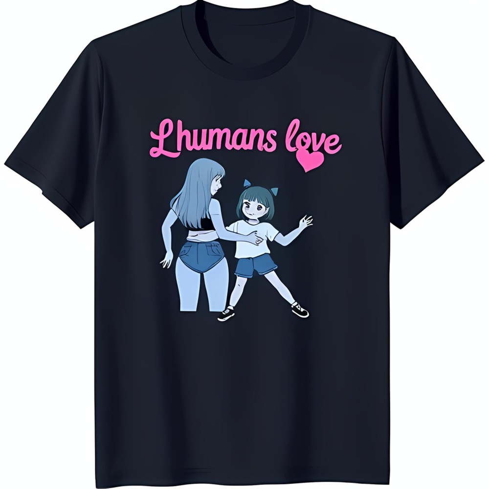 Black T-Shirt with Fun Cartoon Graphic: Two Women 'Lhumans Love' Design