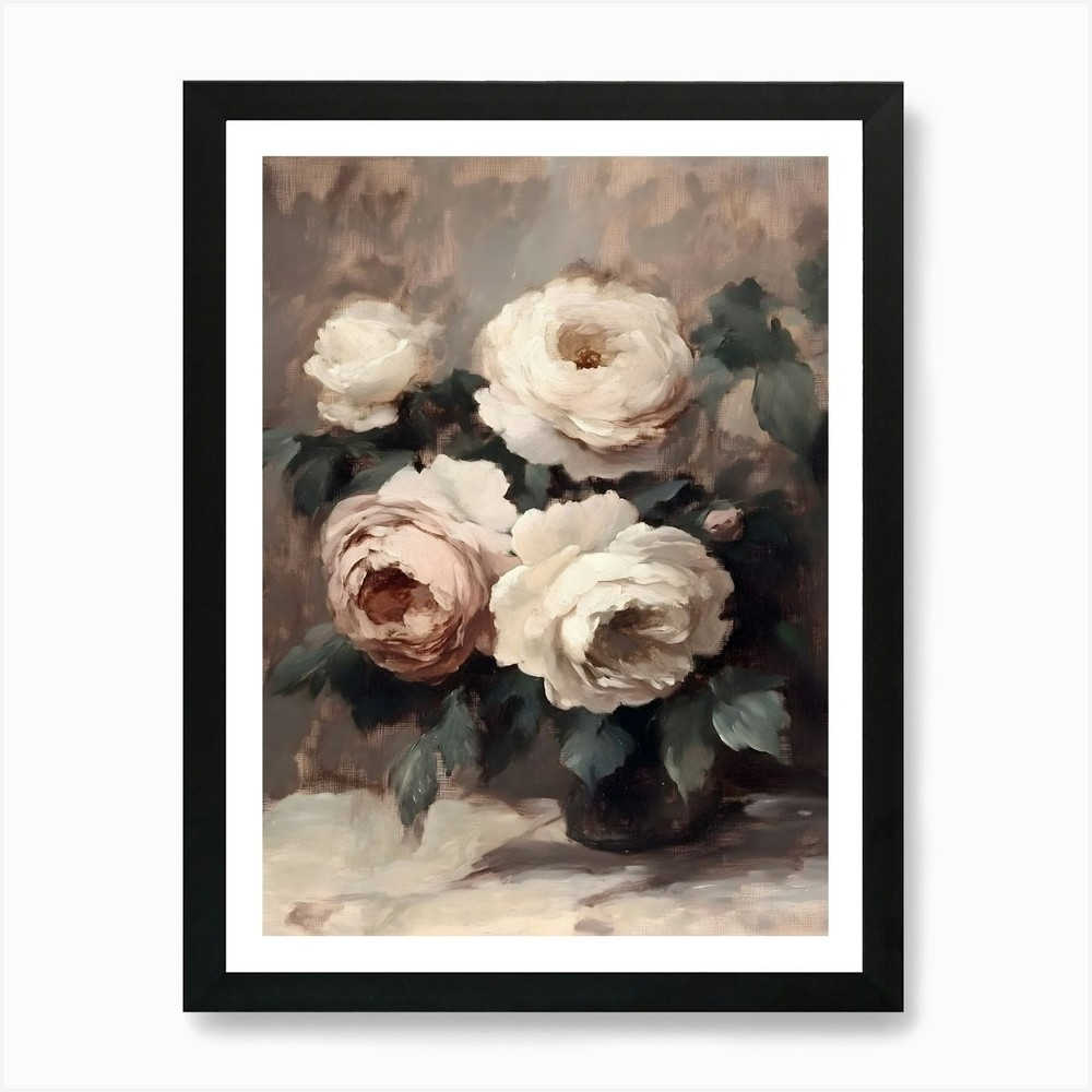 Vintage Roses in Vase Framed Wall Art Canvas Print Poster  