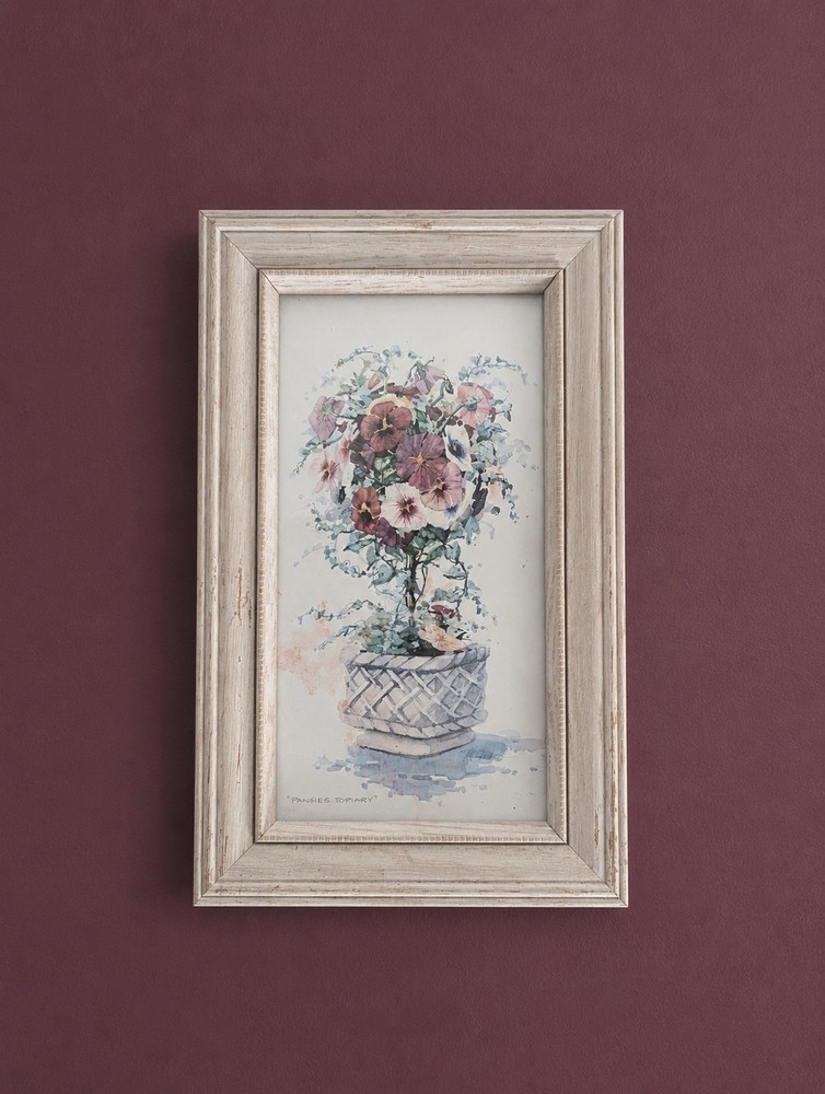 Vintage Floral Wall Art Framed “Pansies Topiary” Cottagecore Decor