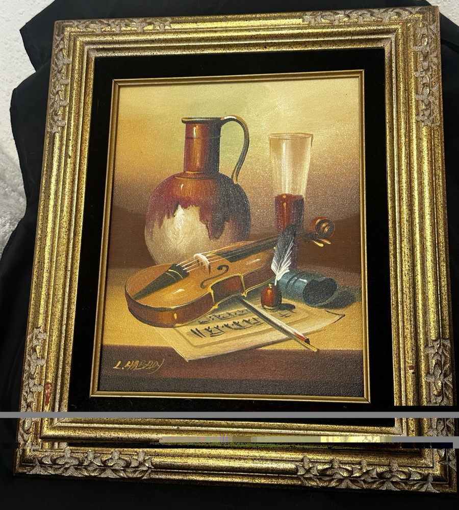 Original 8x10 Framed oil painting Violin Still Life canvas by artist L. Habady