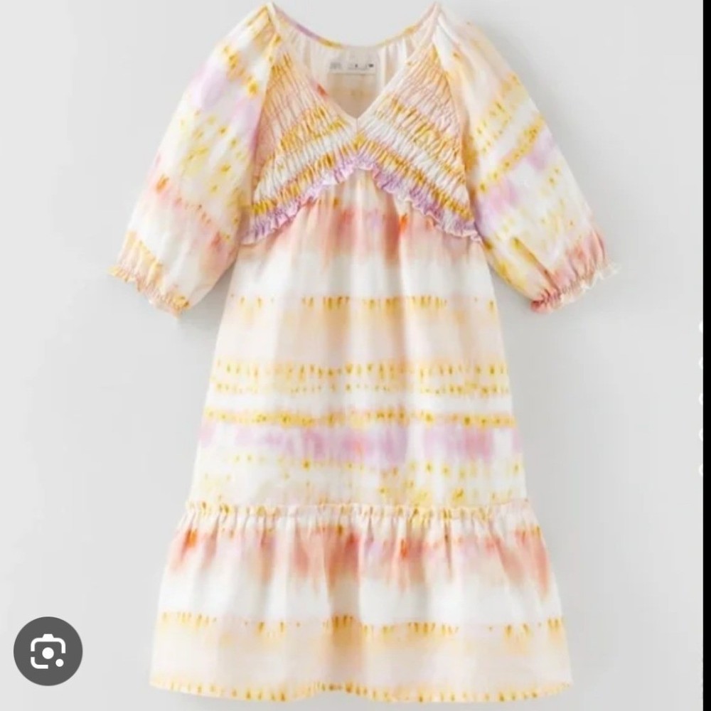 Zara Girls Tie Dye Smocked Linen Blend Dress Purple Yellow Size 13-14 164cm