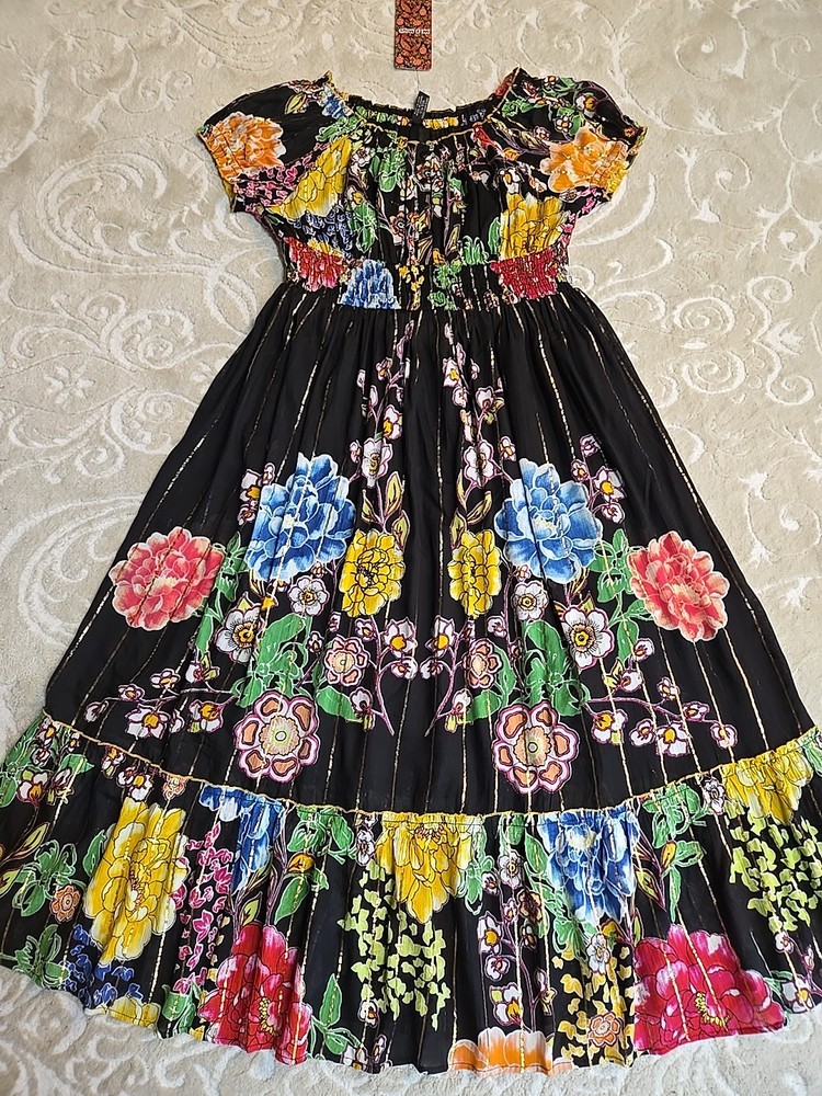 NWT Anthropologie Me 2 Magic Sz 2X Black Floral Boho Metallic Maxi Dress Tiered