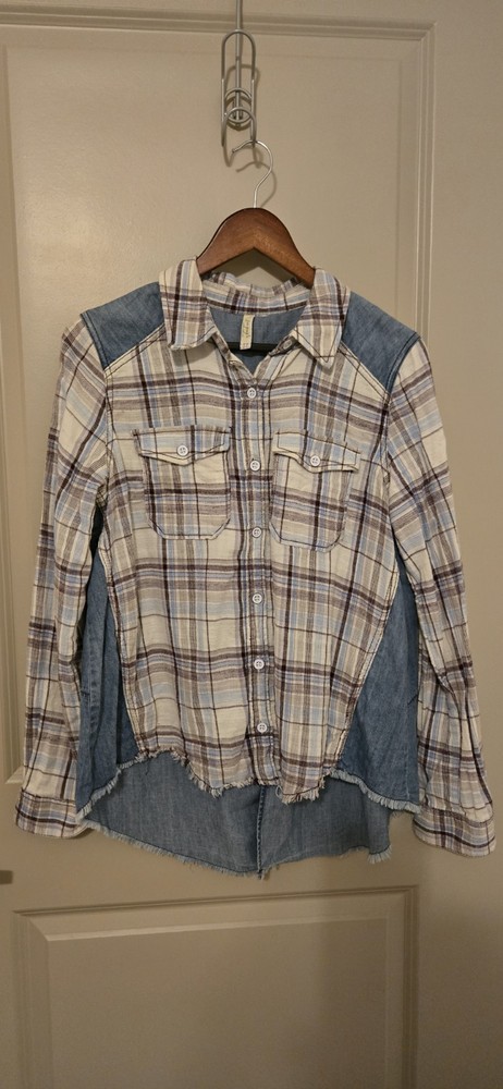 Free People Flannel Shirt Womens Small petite Plaid Blue Denim Boho Button Up