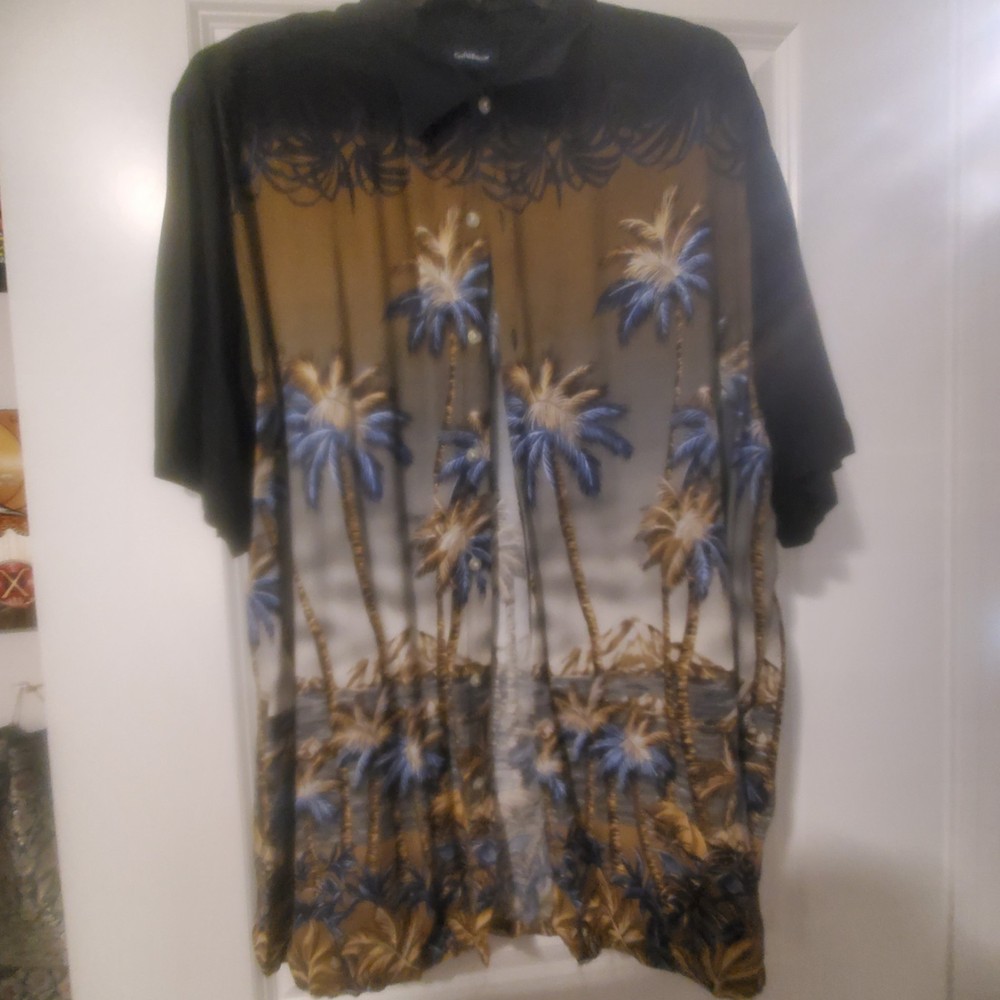 Croft & Barrow- Mens Hawaiian Shirt-XL- Rayon?- Black/Brown- Floral- Tropical