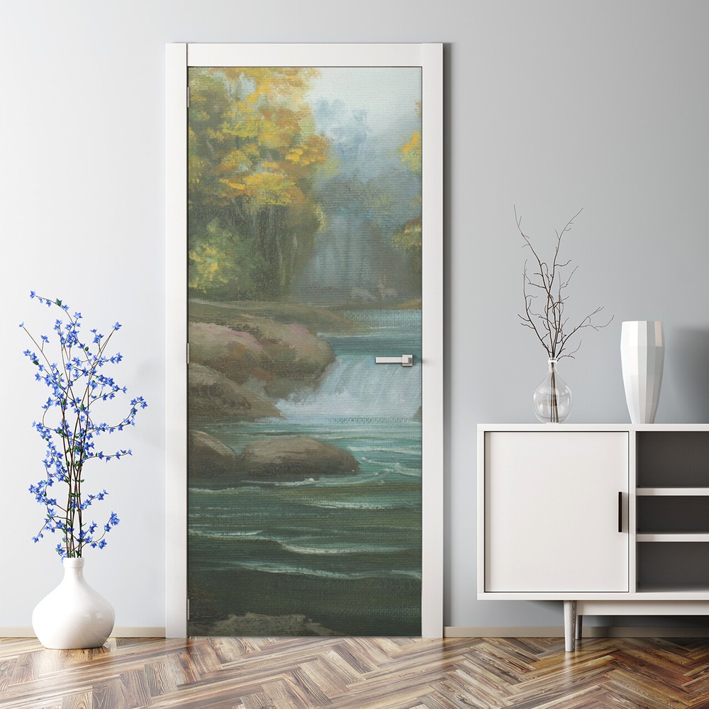 Oil Waterfall nursery waterfall river woodland misty forest wild Door Decal