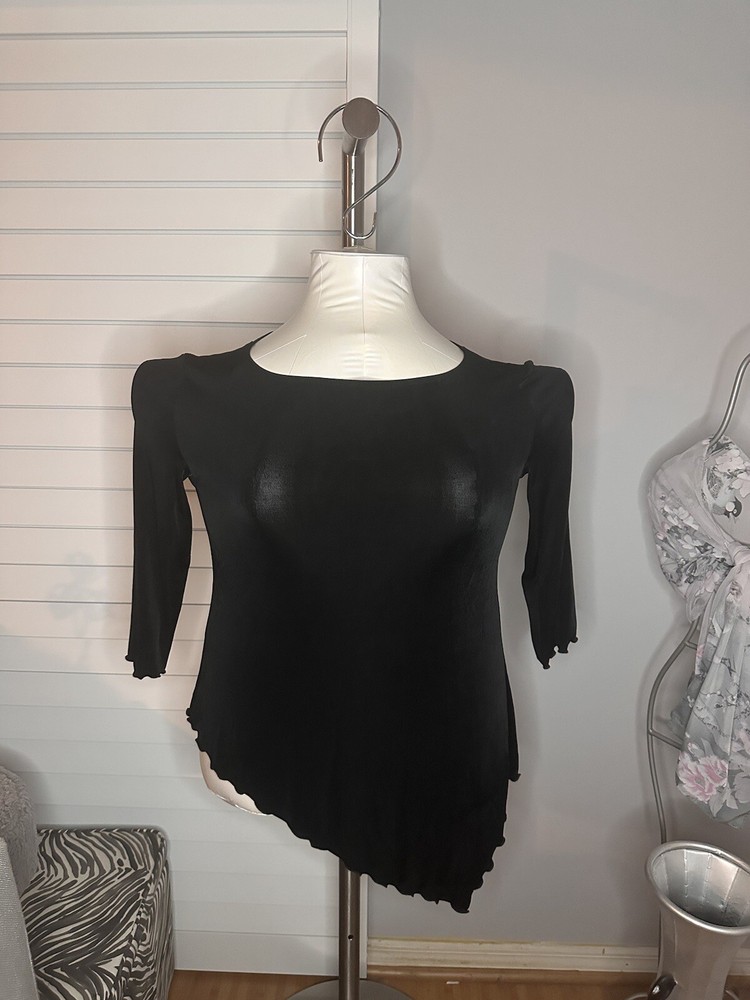 Woman’s Chico’s Travelers Black 3/4 Sleeve  Asymmetrical Blouse Top Sz 3