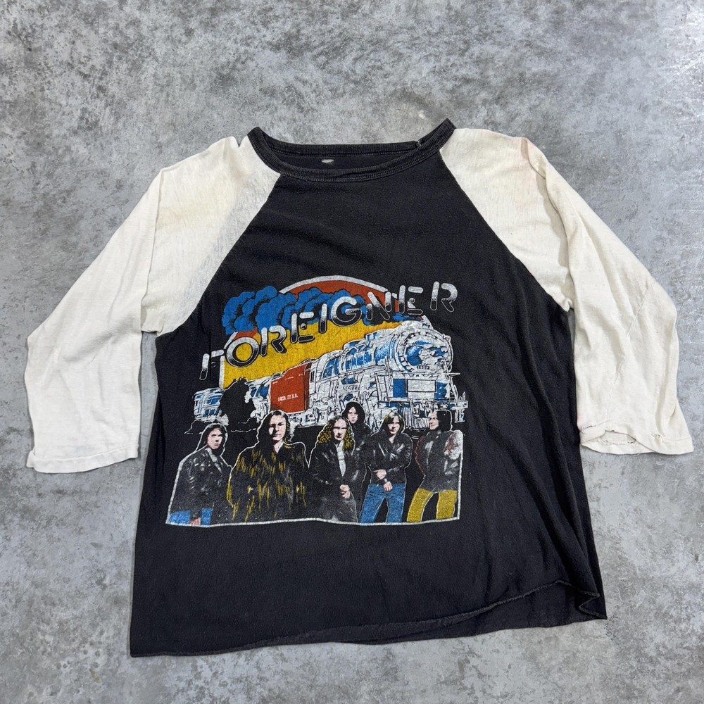 Vintage Foreigner Shirt Mens Medium Black White 4 Concert Tour Raglan 80s