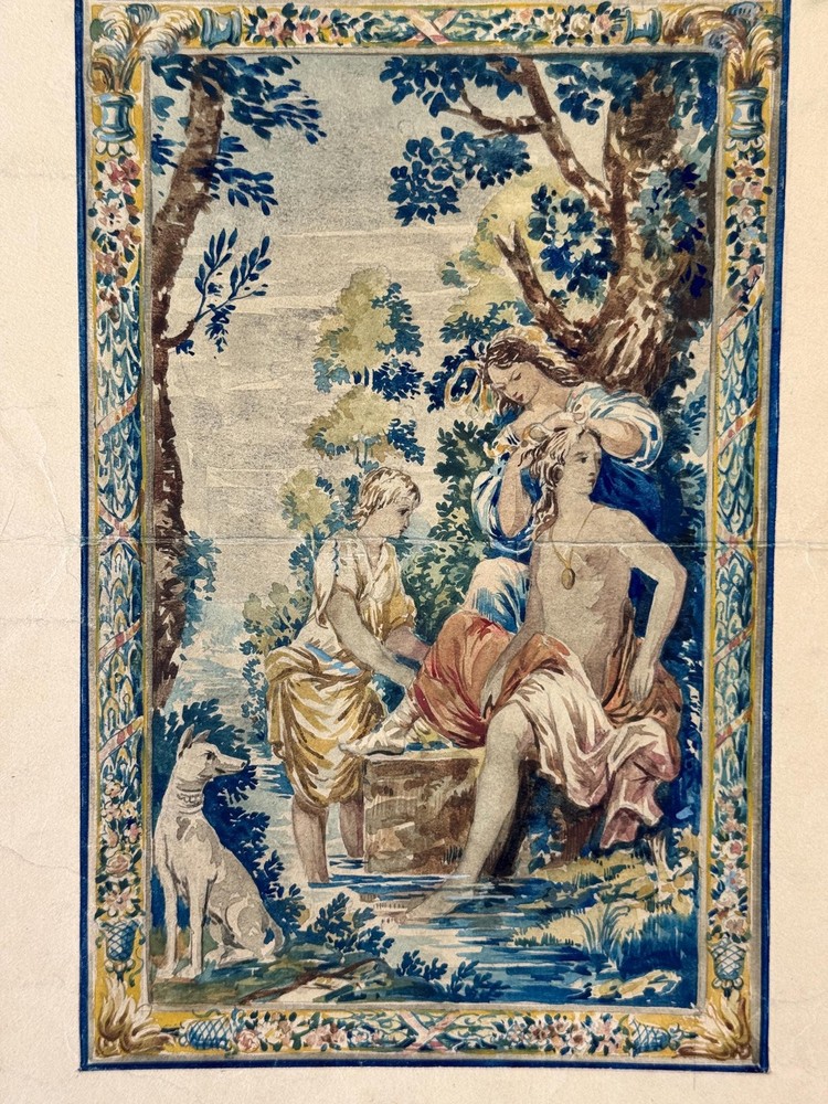 14x12 French Aubusson Gouache Art Tape Featuring Bathing Women Dog Trees Border Scene