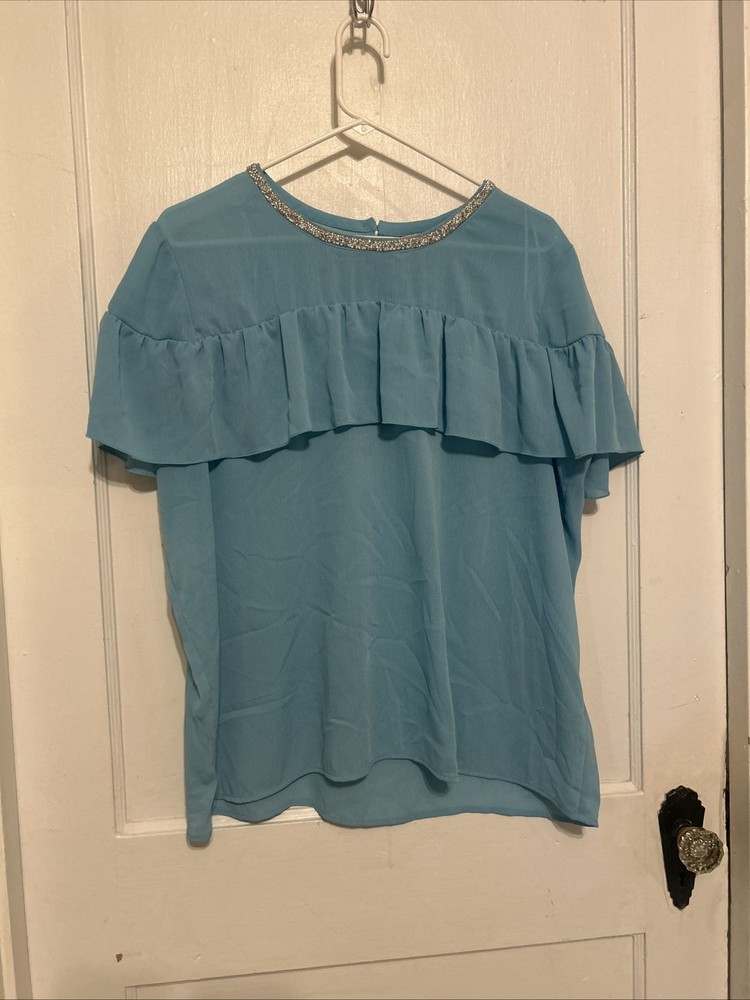 Juicy Couture Top Aqua Chiffon Sleevel Ruffle Rhinestone-Neck Pullover Women XXL