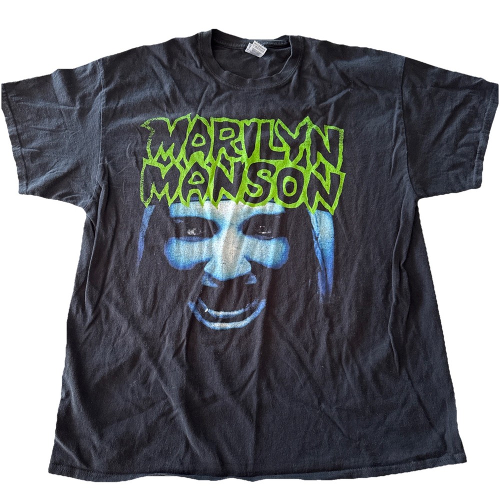 Vintage Marilyn Manson Green Letter Name And Face T-Shirt XL Black Reprint