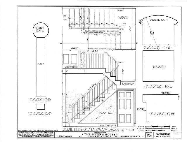 Kingston PA Lawrence Meyers House 1910s Stairway Elevation HABS Floor Plan