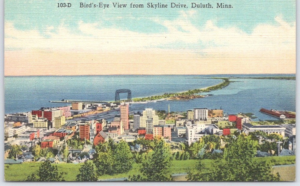 Vintage Bird's-Eye View Skyline Drive Duluth Minnesota Postcard