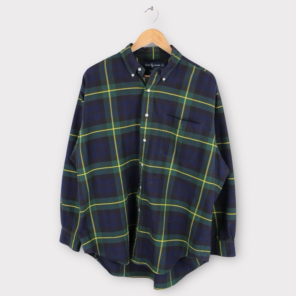 Ralph Lauren Big Shirt Plaid Button Down Green Navy Yellow Men’s Size Large