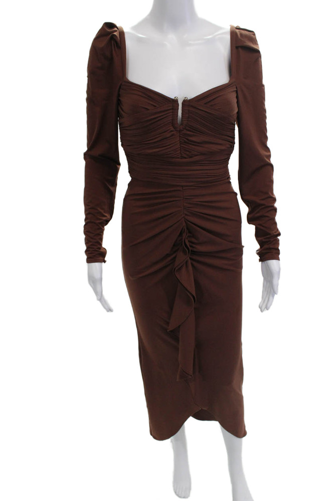 Self Portrait Womens Bodycon Midi Dress Brown Long Sleeve Square Neck Size 2Free Shipping in US $100+ Orders | $6.95 Orders Below