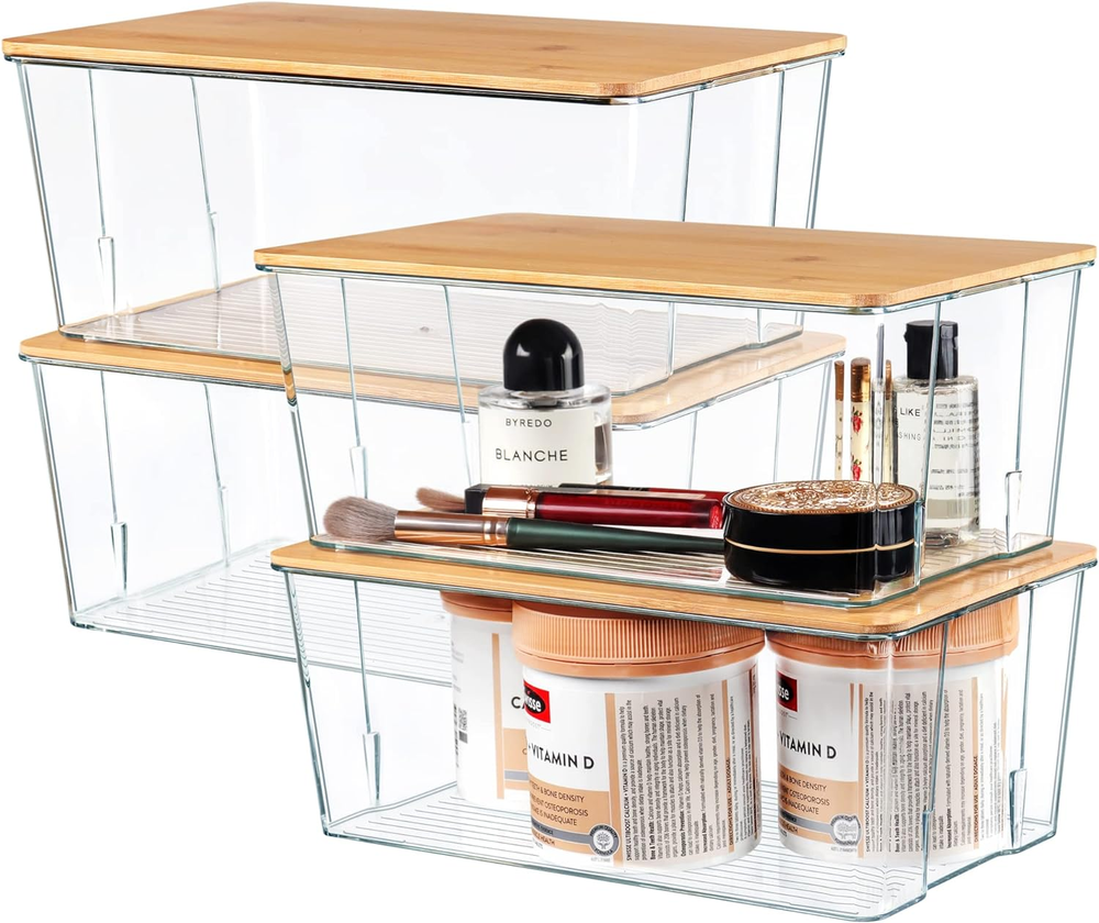 4 Pack Stackable Clear Plastic Storage Bins with Bamboo Lids for Organized Spaces