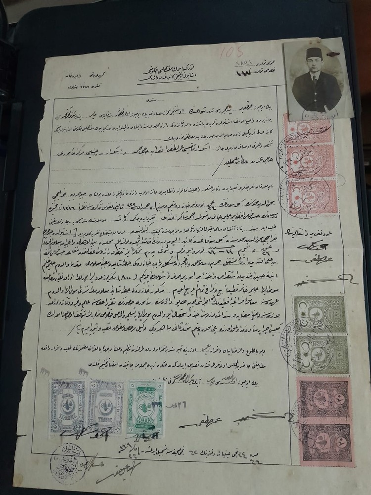 1924 Ottoman Turkish Notary Document with Photo & Revenue Stamps Constantinople
