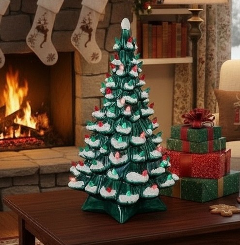 vtg ceramic christmas tree w snow accent  base & lights 19
