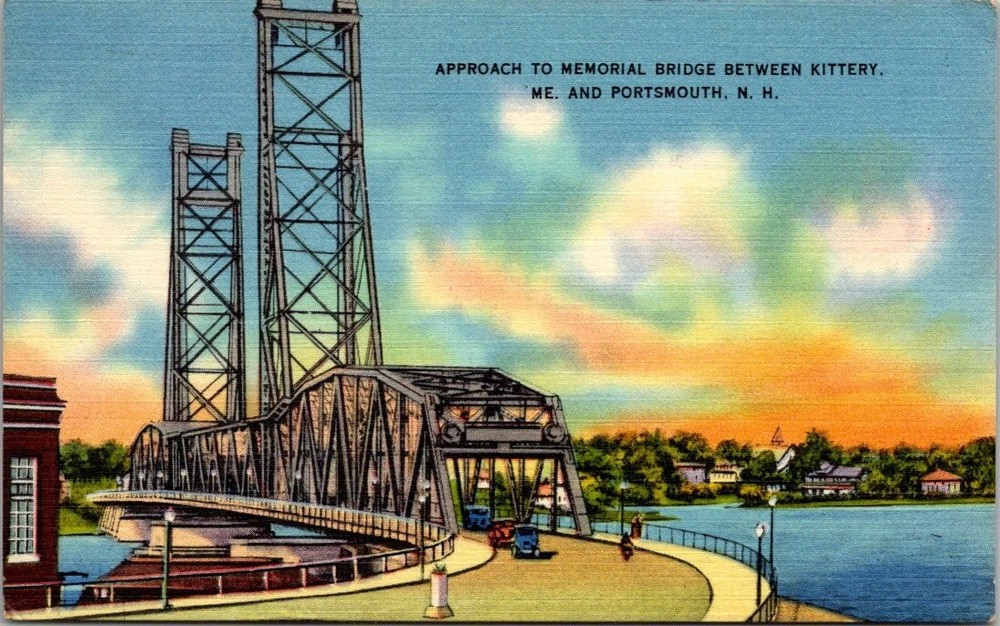 1937 Kittery ME Portsmouth NH Memorial Bridge Linen Postcard Posted