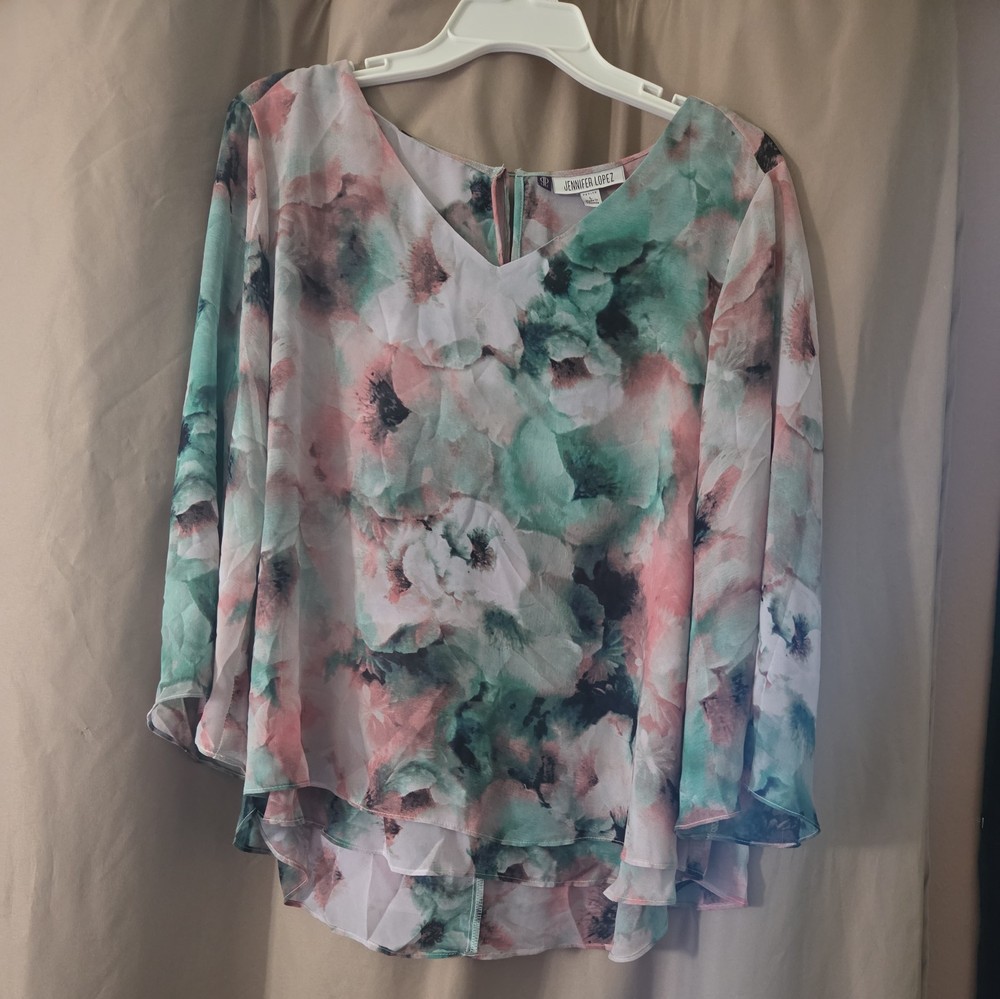 Jennifer Lopez Sheer Chiffon Blouse Top Long Sleeve Size Petite Large