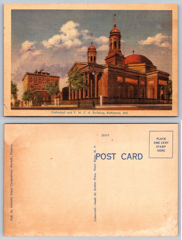 Baltimore Cathedral & YMCA Building Linen Postcard Vintage Dexter Press