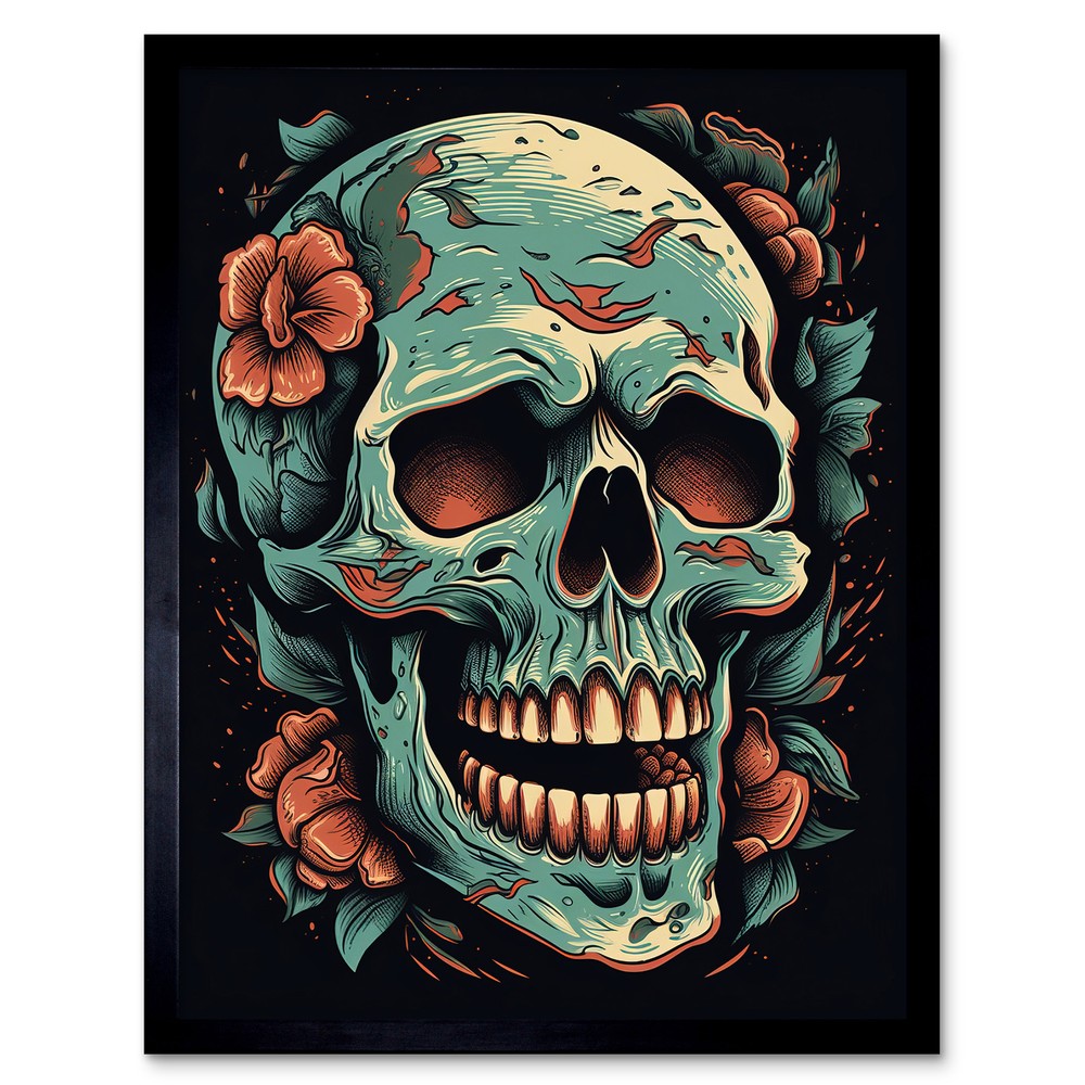 Flowers Skull Old School USA Tattoo Rockabilly 50s Framed Print Wall Art 12x16