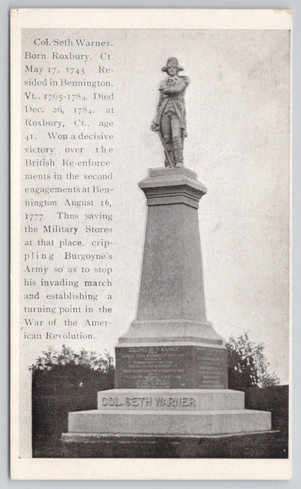 Col. Seth Warner Monument Bennington VT Postcard American Revolution Hero