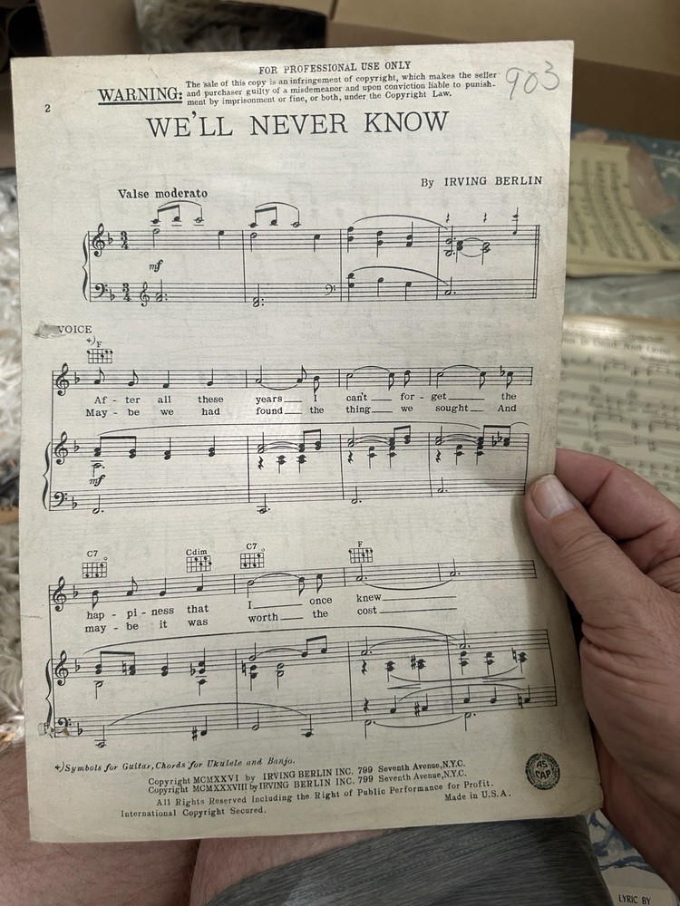 F 1938 Irving Berlin Sheet Music ‘We’ll Never Know’  ADVANCE ARTIST