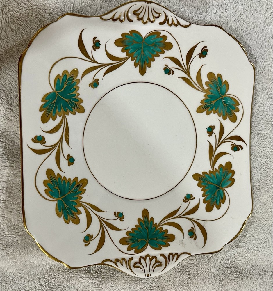 Vintage Grosvenor England Carnalea Bone China Scalloped Square Plate Gold Teal