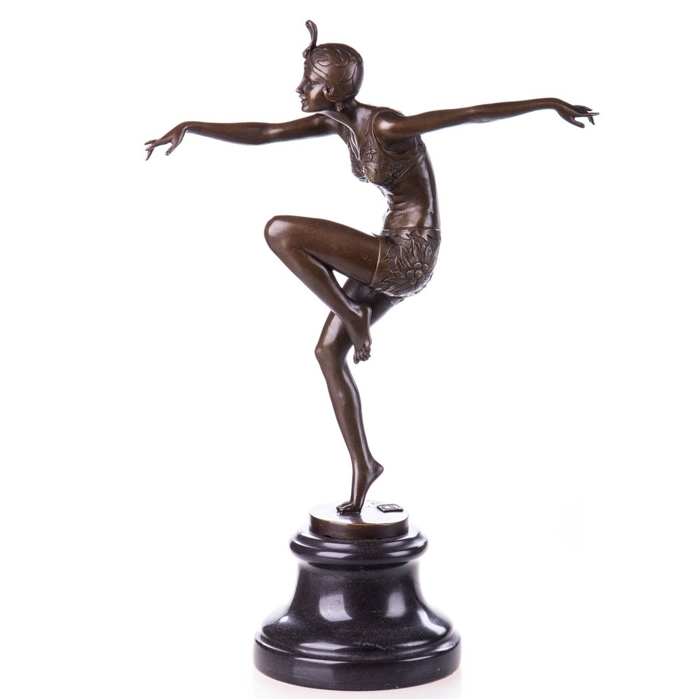Art Deco bronze dancing girl sculpture with feathered headpiece
