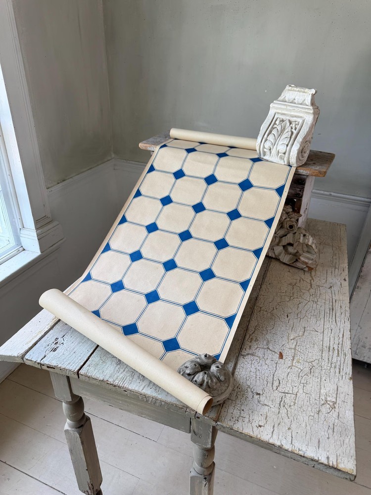 3.9yds (7.8 yds avail) Vintage French Wallpaper Paul Gruin Blue Cream Geometric