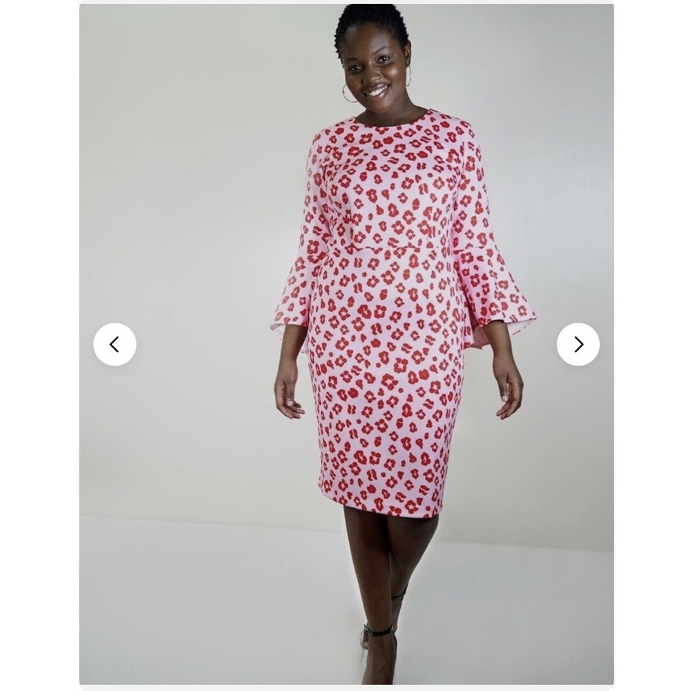 NWT Eloquii Pink Red Cheetah Print Scuba Pencil Midi Dress Flare Sleeve Size 16